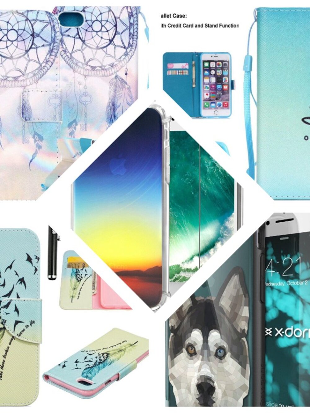 Lot of 6 iPhone 7/8 Phone Cases Folio Wallets Bumpers Husky Birds Dreamcatcher